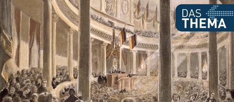 "Erste Sitzung der Nationalversammlung in der Frankfurter Paulskirche" - Holzstich, koloriert, um 1890, nach zeitgen. Zeichnung von Vantadour