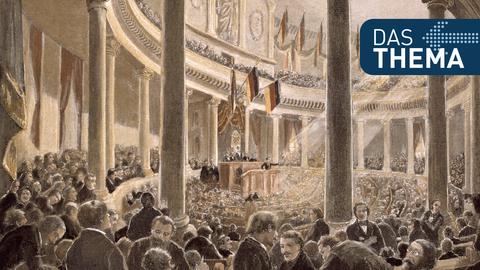 "Erste Sitzung der Nationalversammlung in der Frankfurter Paulskirche" - Holzstich, koloriert, um 1890, nach zeitgen. Zeichnung von Vantadour