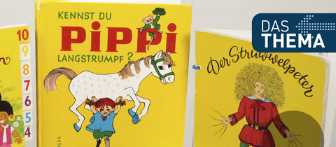 Cover verschiedener Kinderbücher (Pippi Langstrumpf, Struwwelpeter)