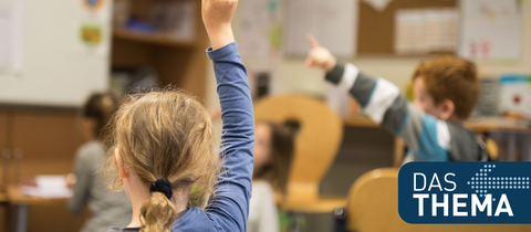 Zwei Schüler in einem Klassenzimmer melden sich