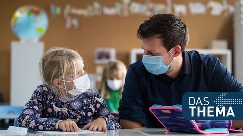 Lehrer und Schülerin mit Maske im Klassenzimmer