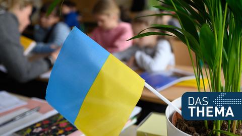 Grundschüler aus der Ukraine sitzen in einem Klassenzimmer.
