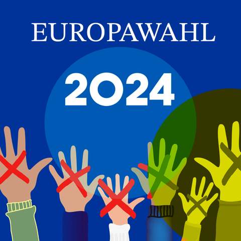 Hände mit Wahlkreuzchen, die sich nach oben strecken. Über den Händen der Schriftzug "Europawahl 2024"