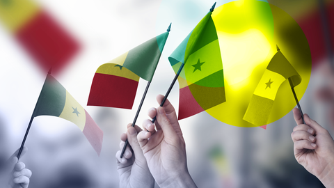 Hände die kleine Fahnen mit der senegalesischen Flagge schwenken