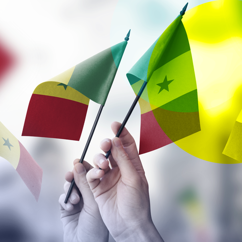 Hände die kleine Fahnen mit der senegalesischen Flagge schwenken
