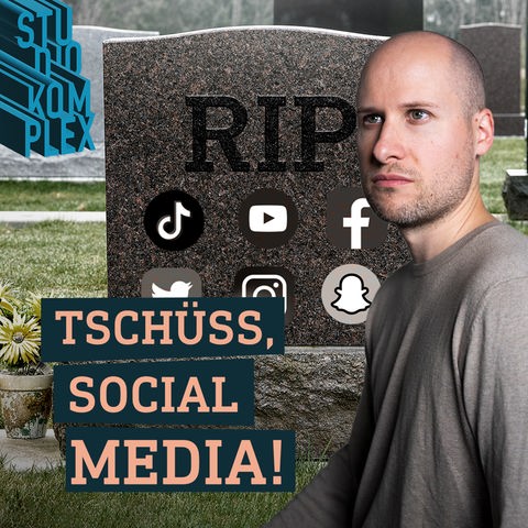 Man sieht einen Grabstein mit den Icons von verschiedenen Social-Media-Plattformen.