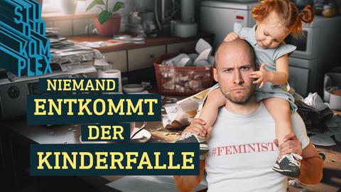 Der Host David blickt mürrisch in die Kamera, trägt ein T-shirt mit der Aufschrift: "#FEMINIST", hat eine Zigarette im Mundwinkel und trägt ein kleines Mädchen auf den Schultern. Hinter ihm droht das komplette Chaos in der Küche.