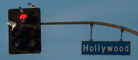 Rote Ampel, daneben ein Schild mit der Aufschrift "Hollywood"