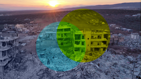 Blick auf eingestürzte Gebäude in Syrien