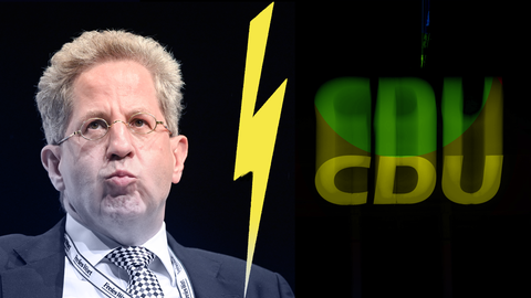 Hans-Georg Maaßen und das Logo der CDU, dazwischen eine Trennungslinie