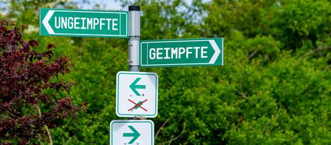 Smybolbil: Zwei Wegweiser deuten in entgegengesetzte Richtungen. Auf einem steht "geimpft", auf dem anderen "ungeimpft".