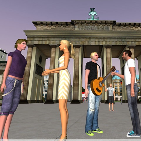 Szene aus der 3-D-Welt "Twinity" in Berlin vor der Kulisse des Brandenburger Tors. 