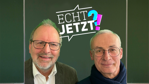 Heinz-Peter Meidinger, Präsident des Deutschen Lehrerverbandes, und "Echt jetzt?"-Host Jens Borchers