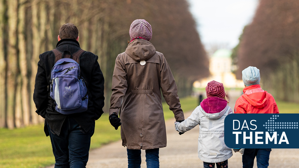 Eltern gehen mit ihren beiden Kindern spazieren