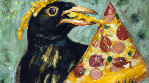 Eine Amsel in einem Ananaskostüm, die Pizza isst - im Stil eines Renaissance-Gemäldes