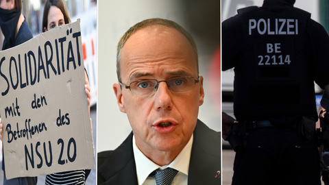 Collage: Innenminister Beuth, Polizist und eine Demonstrantin mit einem Plakat mit der Aufschrift "Solidarität mit den Betroffenen des NSU 2.0"