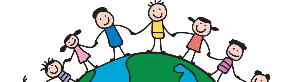 Kinder halten sich an der Hand und Bilden einen Kreis rund um den Erdball (Zeichnung)