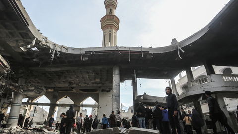 A view of the remains of Al-Huda Mosque, which was destroyed following an Israeli bombing on the city of Rafah in the southern Gaza Strip