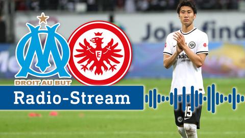 Daichi Kamada am Ball, daneben die Logos von Olympique Marseille und Eintracht Frankfurt.