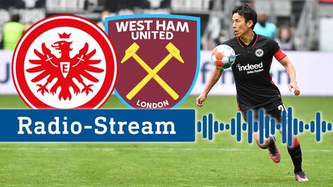 Makoto Hasebe am Ball. Im Vordergrund sind die Wappen von Eintracht Frankfurt und West Ham United zu sehen. Schriftzug: "Radiostream"