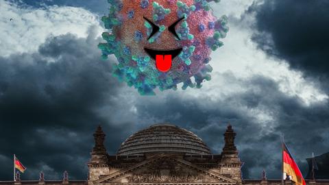 Collage: Ein Coronavirus über dem Reichstag