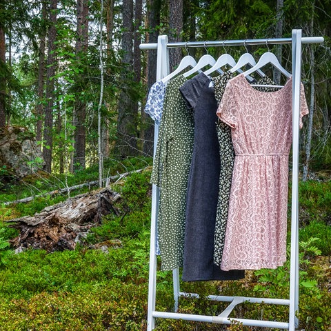 Kleiderständer mit Kleidern im Wald
